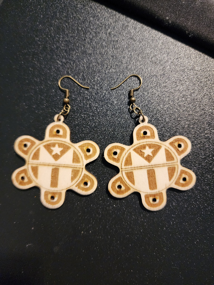 Taíno Sun Wooden Earrings with Puerto Rican Flag – A Symbol of