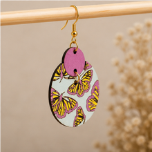 Load image into Gallery viewer, Side detail of Boho Chic Butterfly wooden earrings showing the 2.5 mm wood thickness and gold-tone hook.