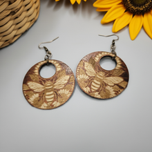 Load image into Gallery viewer, Sunset Honey Bee – Amber Color Wood Earrings with Laser Engraved Sunflower & Bee