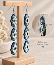 Load image into Gallery viewer, Side view of Frozen Sky layered wooden snowflake earrings showing 2 mm wood thickness and lightweight construction
