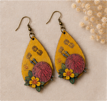 Load image into Gallery viewer, Hooked on Crochet wooden earrings arranged flat on a neutral surface, showing the full front design and antique-bronze hooks.