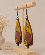 Load image into Gallery viewer, Side view of Hooked on Crochet wooden earrings showing the layered 3D construction and 2 mm wooden base.