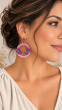 Load image into Gallery viewer, Model wearing Mariposa Serena lightweight layered butterfly wooden earrings with a soft warm ivory oatmeal top