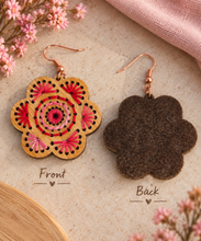 Load image into Gallery viewer, Front and back view of Natural Splendor wooden earrings showing hand embroidery on natural wood and brown felt backing that protects the threads
