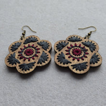 Load image into Gallery viewer, Crimson Roots – Embroidered Wooden Earrings, Lightweight Boho Jewelry