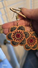 Load image into Gallery viewer, Crimson Roots – Embroidered Wooden Earrings, Lightweight Boho Jewelry