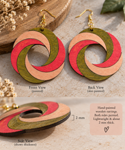 Load image into Gallery viewer, Front, back and side views of SunTwist Joy wooden earrings showing double-sided hand-painted color and approximately 2 mm thickness