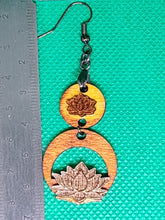 Load image into Gallery viewer, Picture show the Ltus Flower wooden dangle earring mesarure. 6 inch tall. That eangle pair is a beatifull art piece.  The earring pair is a limitted quantity, 
