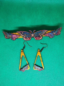 Butterflies Hairclip & Wooden Earrings Set
