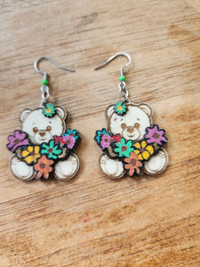 Teddy Bear Flower Wooden Earrings
