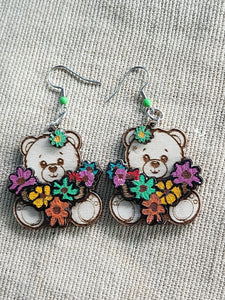 Teddy Bear Flower Wooden Earrings