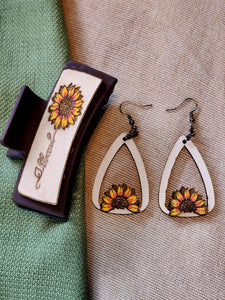 Sunflower Hair Clip & Wooden Earrings Set