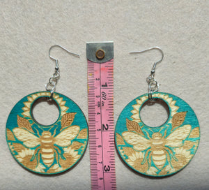Bee & Bloom – Turquoise Laser Engraved Wood Earrings with Sunflower & Bee Design