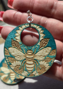 Bee & Bloom – Turquoise Laser Engraved Wood Earrings with Sunflower & Bee Design