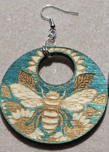 Bee & Bloom – Turquoise Laser Engraved Wood Earrings with Sunflower & Bee Design