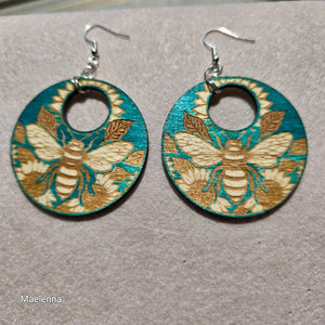 Bee & Bloom – Turquoise Laser Engraved Wood Earrings with Sunflower & Bee Design