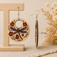 Load image into Gallery viewer, Side view of Autumn Wings wooden earrings showing the 2.5 mm wood thickness.
