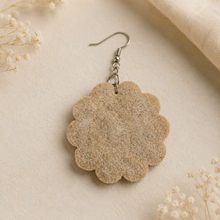 Load image into Gallery viewer, Back view of a Blue Blossom embroidered wooden earring showing the beige felt backing and silver hook.

