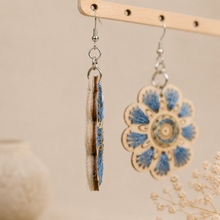 Load image into Gallery viewer, Side view of Blue Blossom embroidered wooden earrings showing the wood edge, front embroidery, and felt backing.
