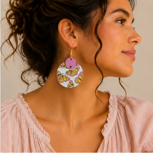 Load image into Gallery viewer, Model wearing Boho Chic Butterfly wooden earrings with a soft blush blouse and hair pulled back.
