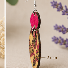 Load image into Gallery viewer, Side profile of hand-painted butterfly wooden earrings showing the 2 mm American linden wood thickness.
