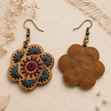 Load image into Gallery viewer, Crimson Roots embroidered wooden earrings shown front and back, including the textured thread-covered reverse.
