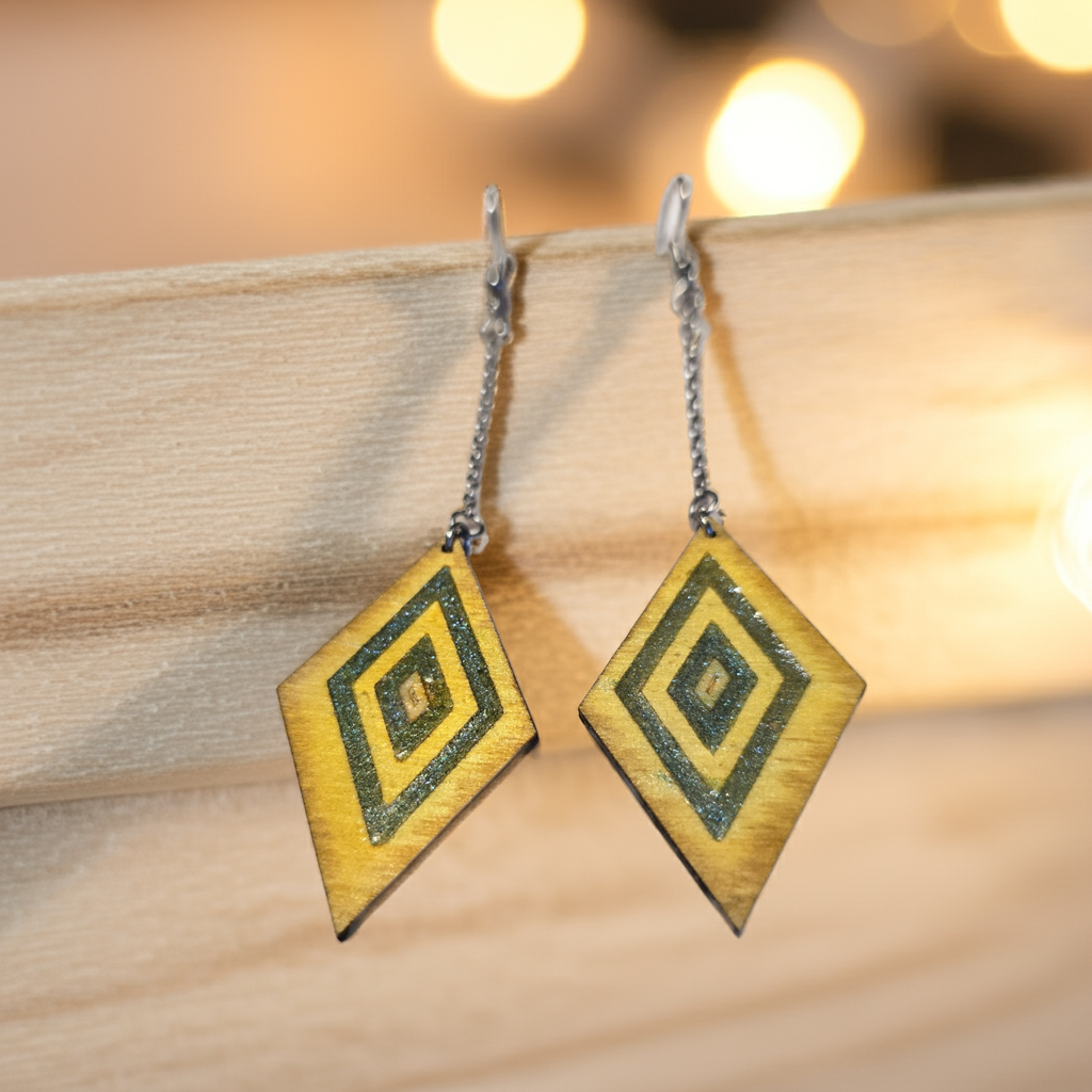 Aurora Step – Boho Wooden & Resin Dangle Earrings with Chain and Hypoallergenic Hooks