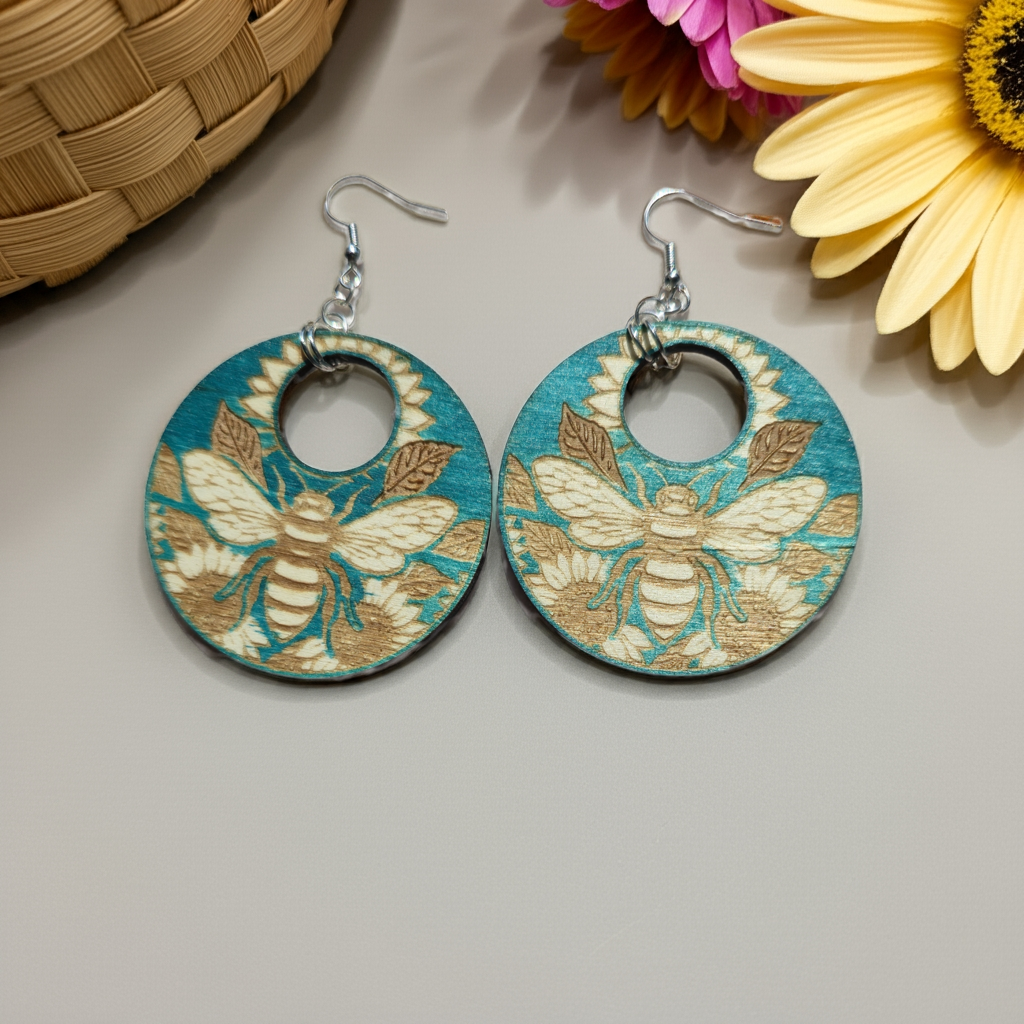 Bee & Bloom – Turquoise Laser Engraved Wood Earrings with Sunflower & Bee Design
