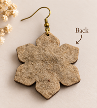 Load image into Gallery viewer, Back view of floral wooden earring showing the real textured felt backing and bronze-tone hook
