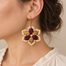 Load image into Gallery viewer, Model wearing lightweight hand-embroidered floral wooden earring in burgundy and warm camel
