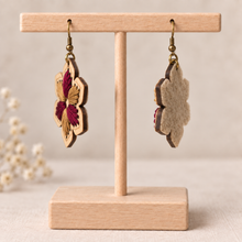 Load image into Gallery viewer, Side view of hand-embroidered wooden earrings showing 2.5 mm wood thickness and felt backing
