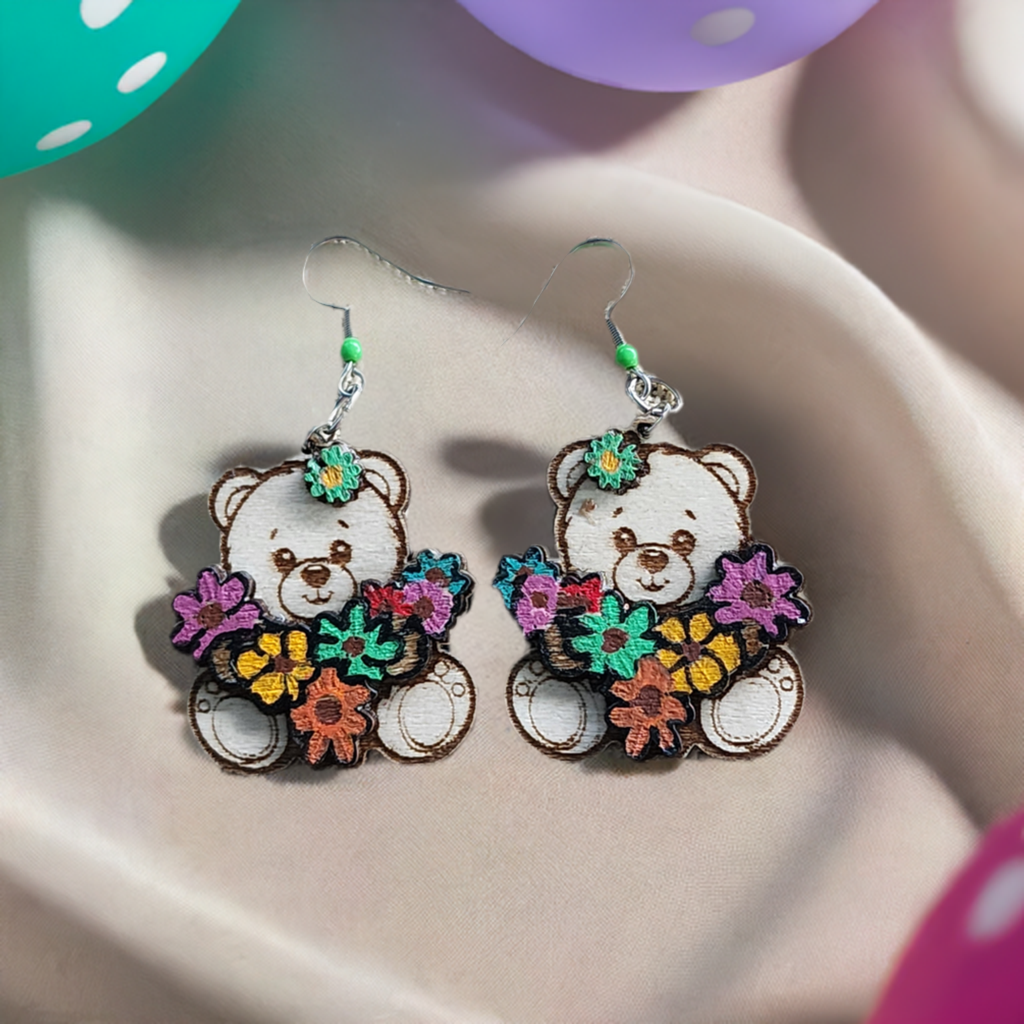 Teddy Bear Flower Wooden Earrings