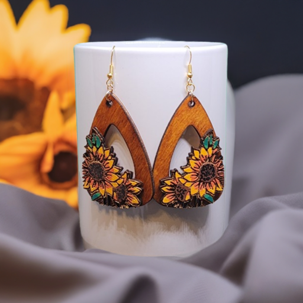 Sunflower Bloom - wooden dangle earrings