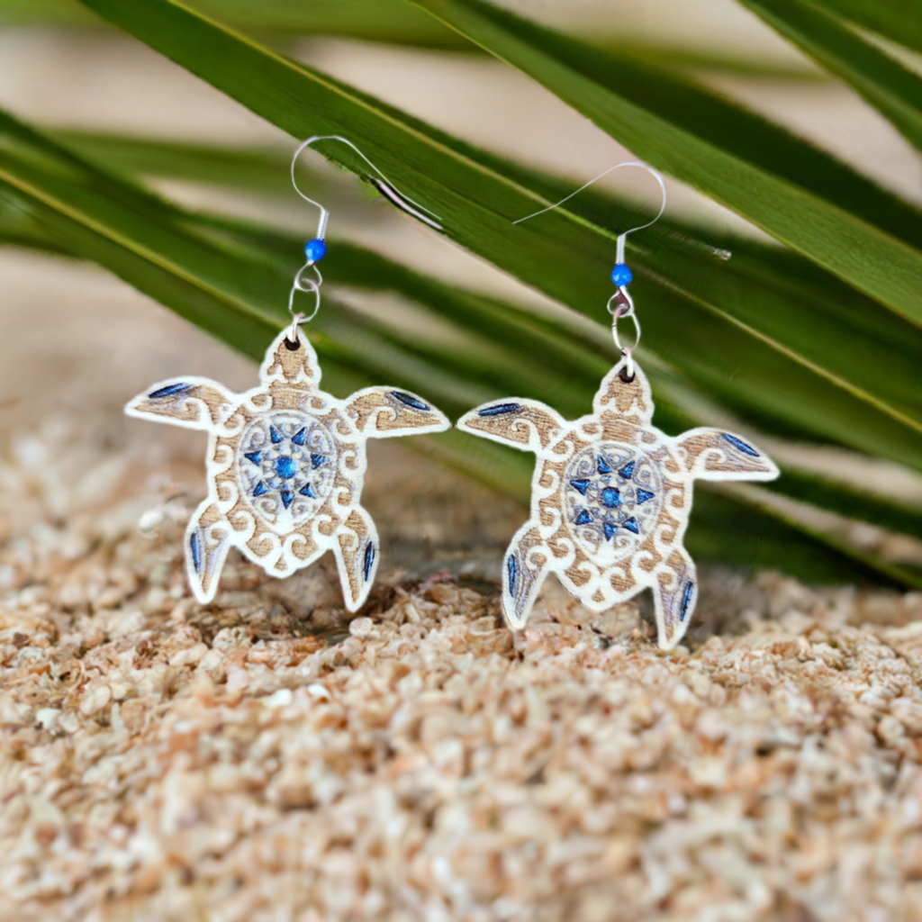Engraved Wooden Earrings  Sea Turtle
