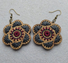 Load image into Gallery viewer, Crimson Roots – Embroidered Wooden Earrings, Lightweight Boho Jewelry
